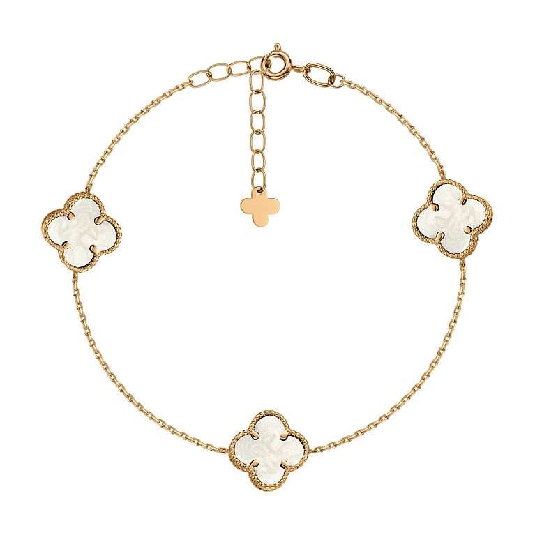 Браслет "Клевер" в красном золоте и якорном плетении с перламутром - 2167204