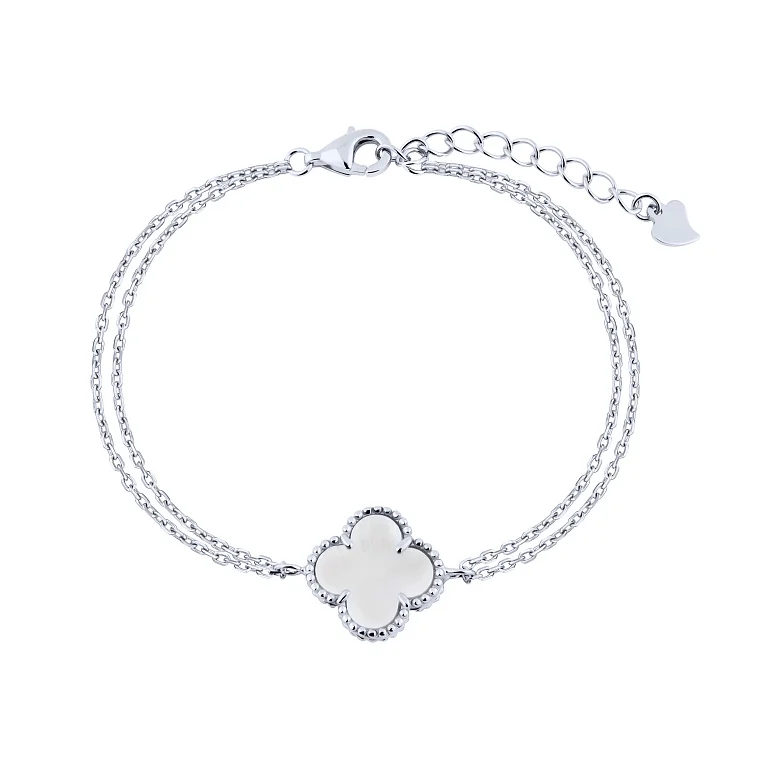 Двойной браслет "Клевер" из серебра с перламутром плетение якорь  - 2222009