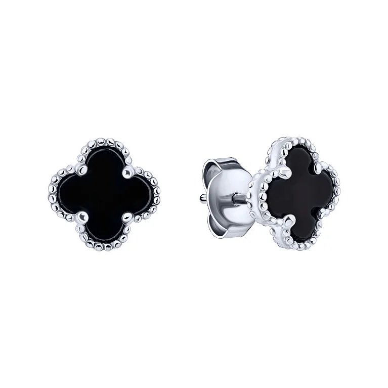 Серьги-пусеты "Клевер" в серебре с ониксом - 2182690