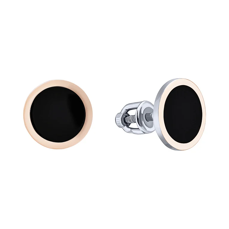 Серьги-гвоздики из серебра с накладкой из красного золота и эмалью - 2146370