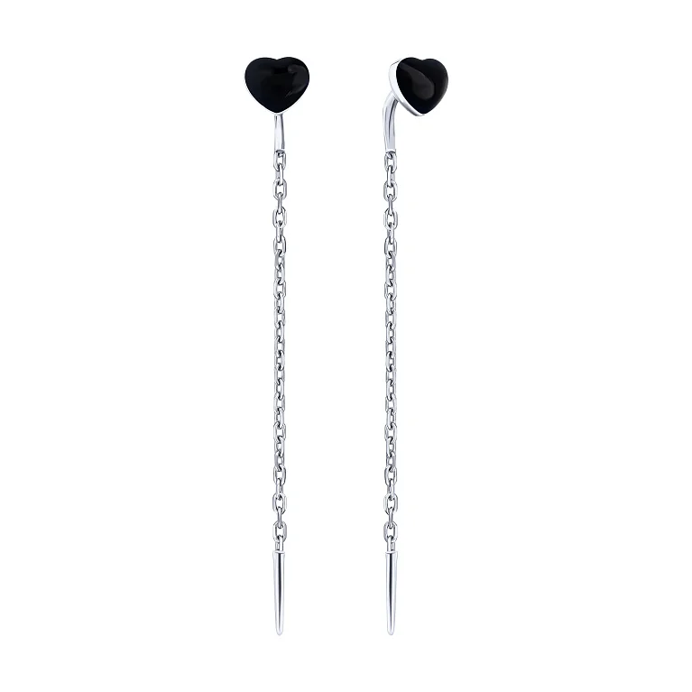 Срібні сережки-протяжки з емаллю "Серце" - 2167517