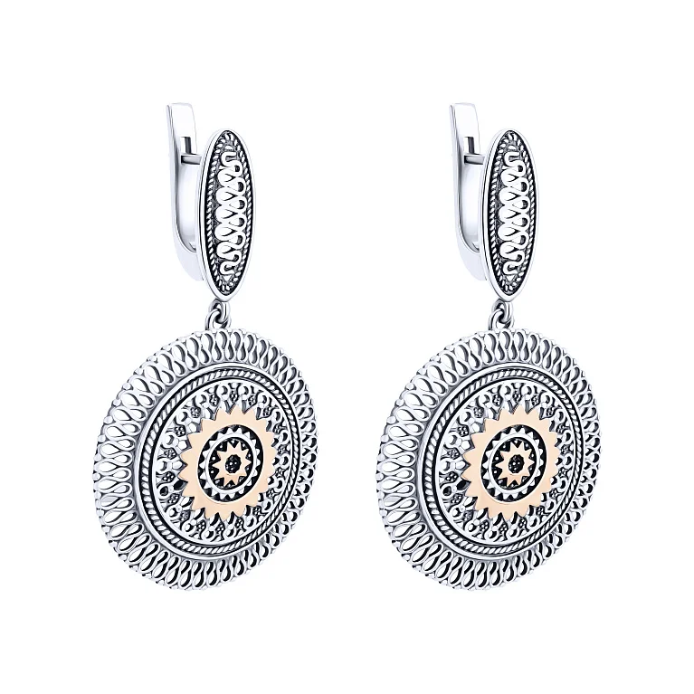 Серебряные серьги с подвесом "Круг" с чернением и золотой накладкой - 2182438