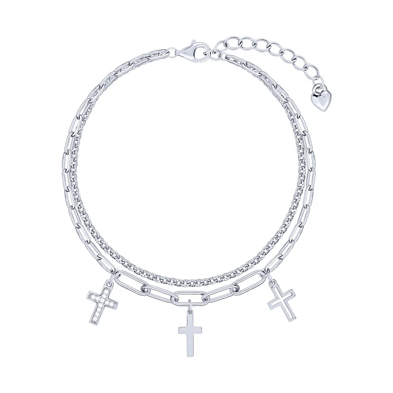 Подвійний срібний браслет з підвісами "Хрестик" з фіанітами в плетінні якір - 2153429