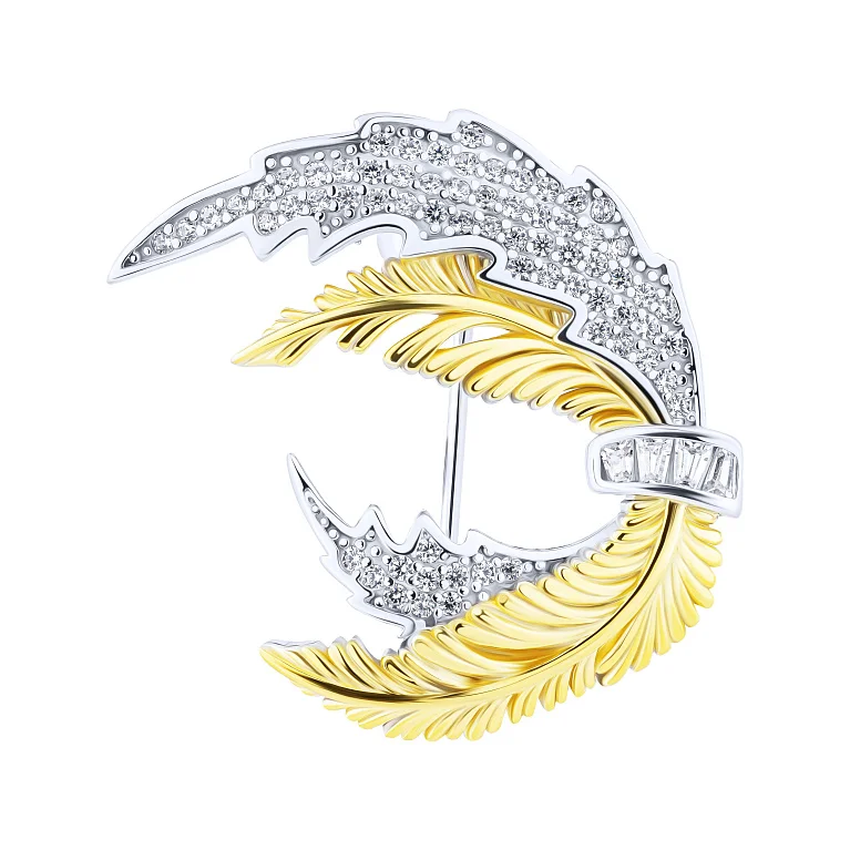 Брошь из серебра "Перышки" с желтым родированием и фианитами  - 2200222