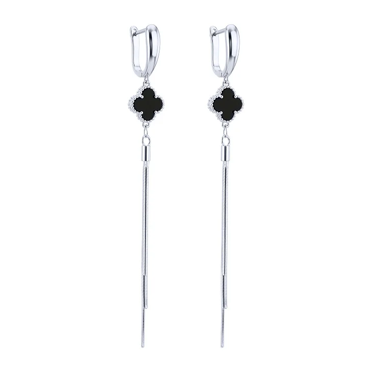 Срібні сережки "Конюшина" з підвісами з оніксом - 2227697