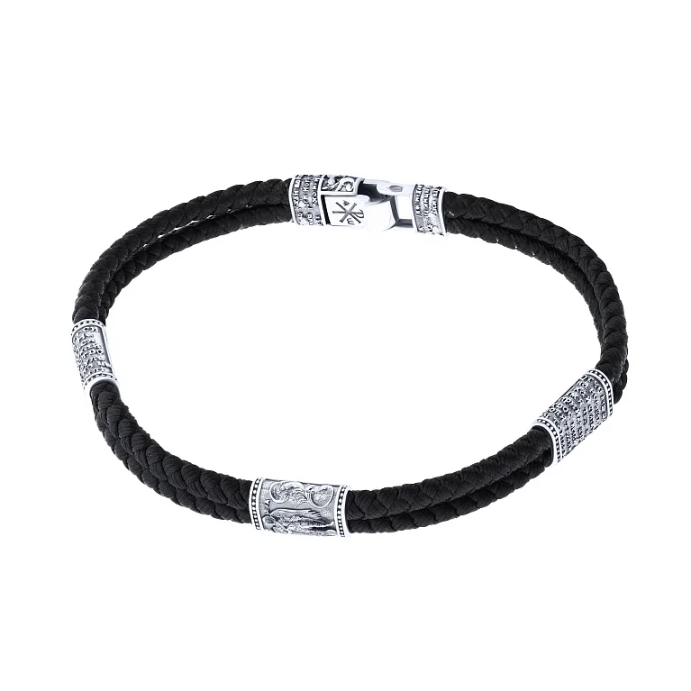 Подвійний шовковий браслет зі срібними вставками та чорнінням - 2149181