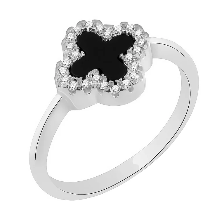 Серебряное кольцо Клевер с фианитами и ониксом. Артикул 7501/3756/10о: цена, отзывы, фото – купить в интернет-магазине AURUM