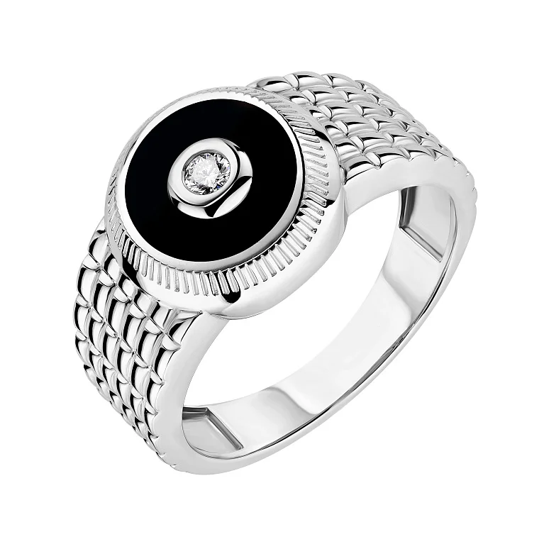 Перстень-печатка з білого золота з діамантом та емаллю - 2226183