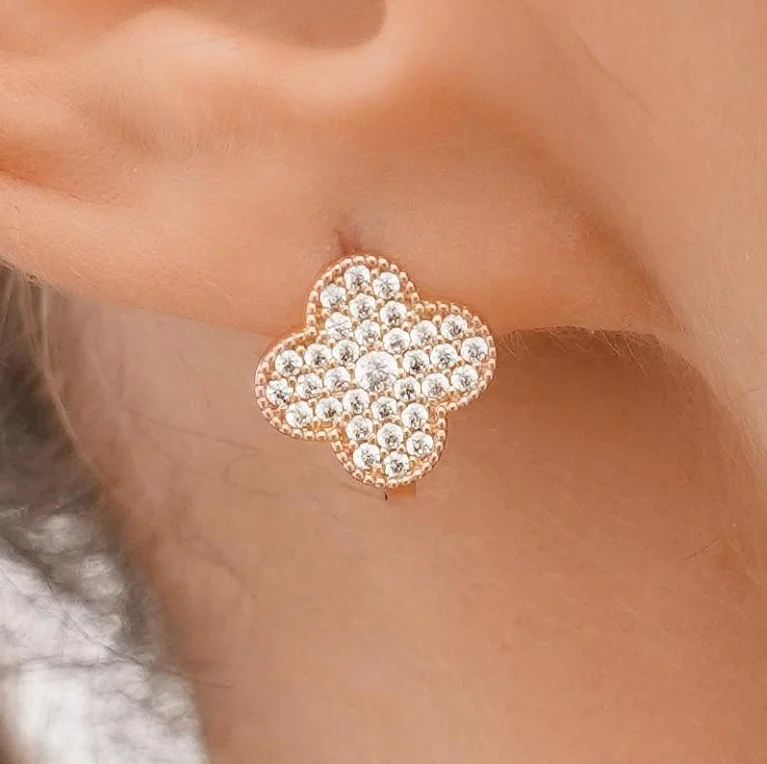Сережки "Клевер" из красного золота с фианитами - 1614607