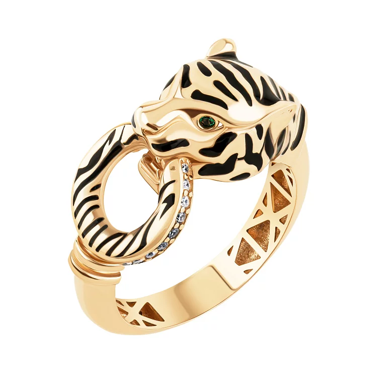 Кольцо из красного золота с фианитами и эмалью "Тигр". Артикул 213726901: цена, отзывы, фото – купить в интернет-магазине AURUM