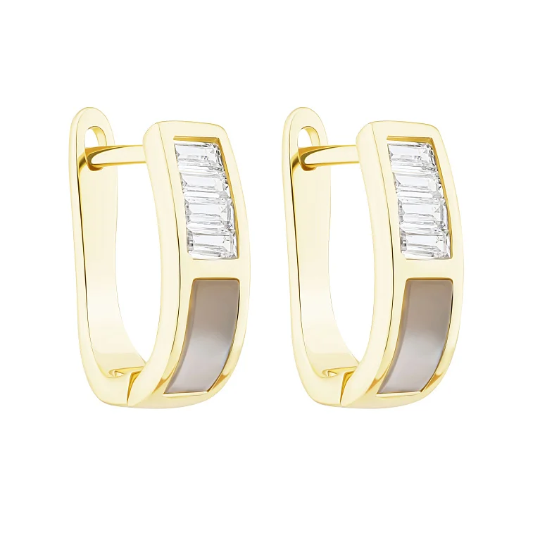 Серебряные серьги с перламутром и фианитами в желтом родировании - 2183639