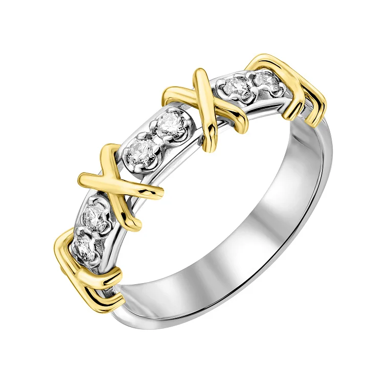 Каблучка з комбінованого золота з доріжкою діамантів - 2182912