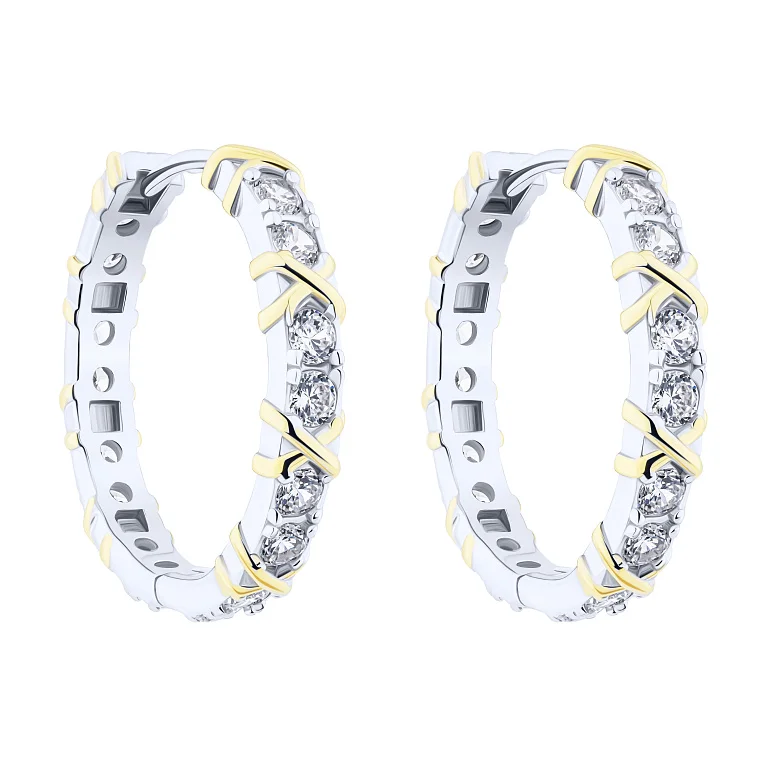 Сережки-кільця зі срібла з жовтим родіюванням та фіанітами - 2188744