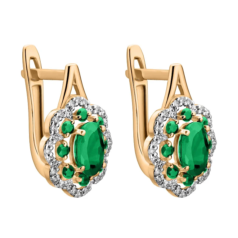 Стильні сережки "Квітка" з червоного золота з діамантами та смарагдами - 2142190