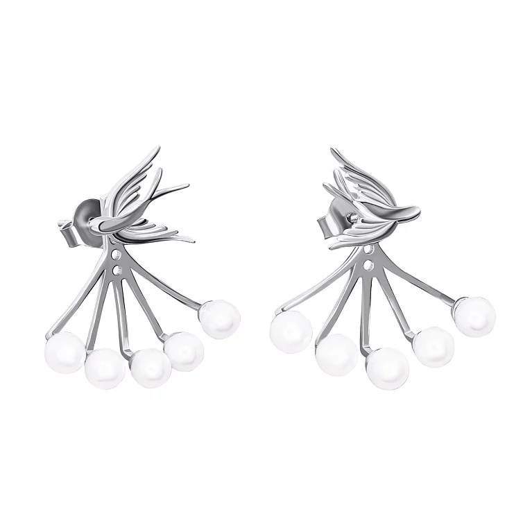 Срібні сережки-гвоздики зі знімною частиною "Ластівка" з перлами. Артикул 7518/С2Ж/2035/159: ціна, відгуки, фото – купити в інтернет-магазині AURUM