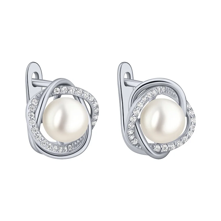 Серьги "Переплетение" из серебра с жемчужиной и фианитами  - 2196226