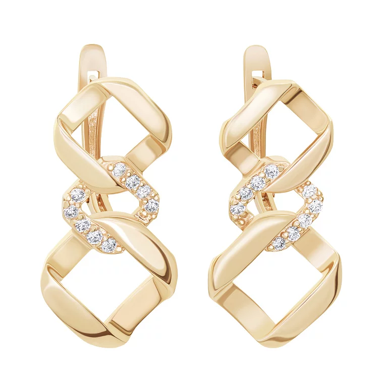 Золоті сережки геометричної форми з фіанітами. Артикул 215531: ціна, відгуки, фото – купити в інтернет-магазині AURUM
