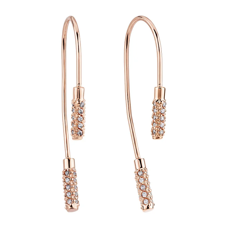 Серьги-петли из красного золота с фианитами - 2246602
