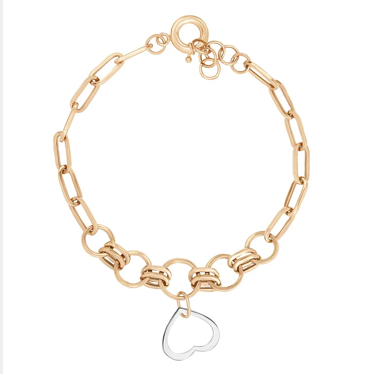 Браслет из комбинированного золота шопард и якорное плетение "Сердце" - 1649527