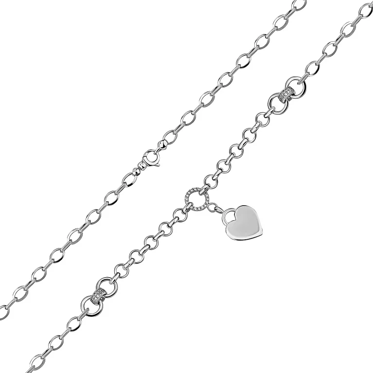 Елегантне кольє із білого золота з підвіскою "Серце" з плетінням шопард та якір і фіанітами - 1878821