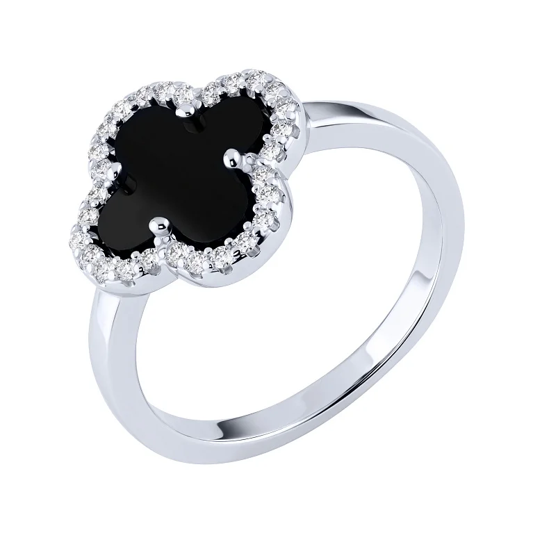 Кольцо "Клевер" из серебра с ониксом и фианитами - 2217954