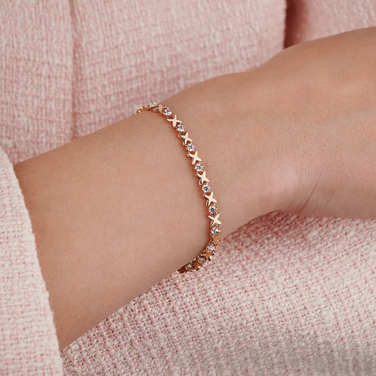 Браслет в красном золоте с фианитами плетение фантазия - 2218033