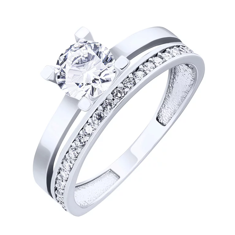Двойное помолвочное кольцо из белого золота с дорожкой фианитов. Артикул 208717502: цена, отзывы, фото – купить в интернет-магазине AURUM