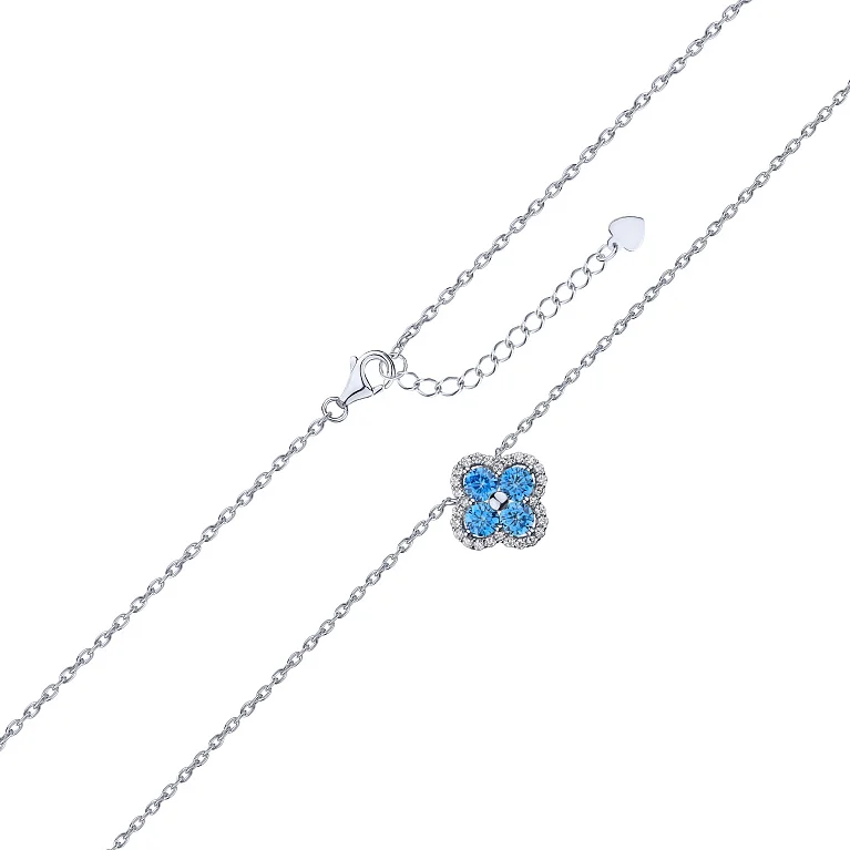 Стильне срібне кольє з підвісом "Конюшина" з альпінітом з фіанітами та якірним плетінням - 1933446