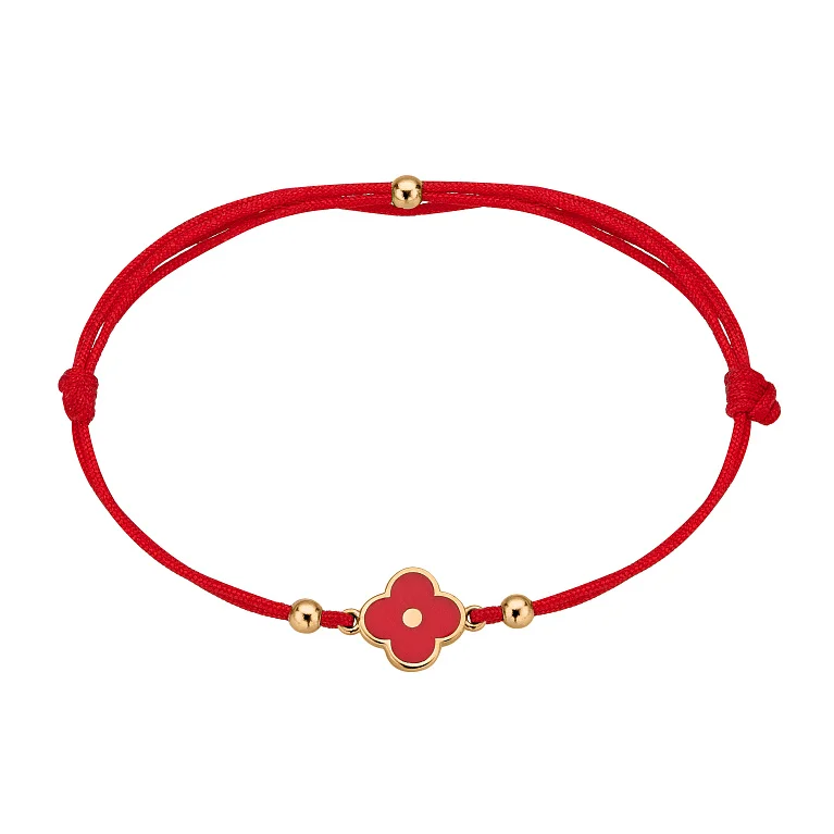 Браслет "Клевер" со вставкой из красного золота с шёлковой нитью и эмалью - 2127821