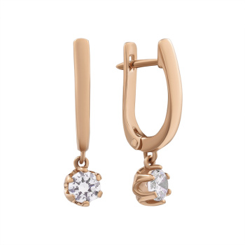 Сережки из красного золота с подвесом и фианитом - 853115