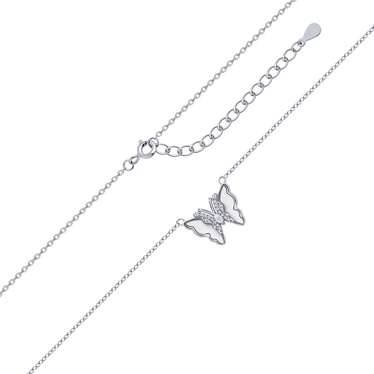 Кольє зі срібла з підвісом "Метелик" з перламутром та фіанітами плетіння якір - 2162624