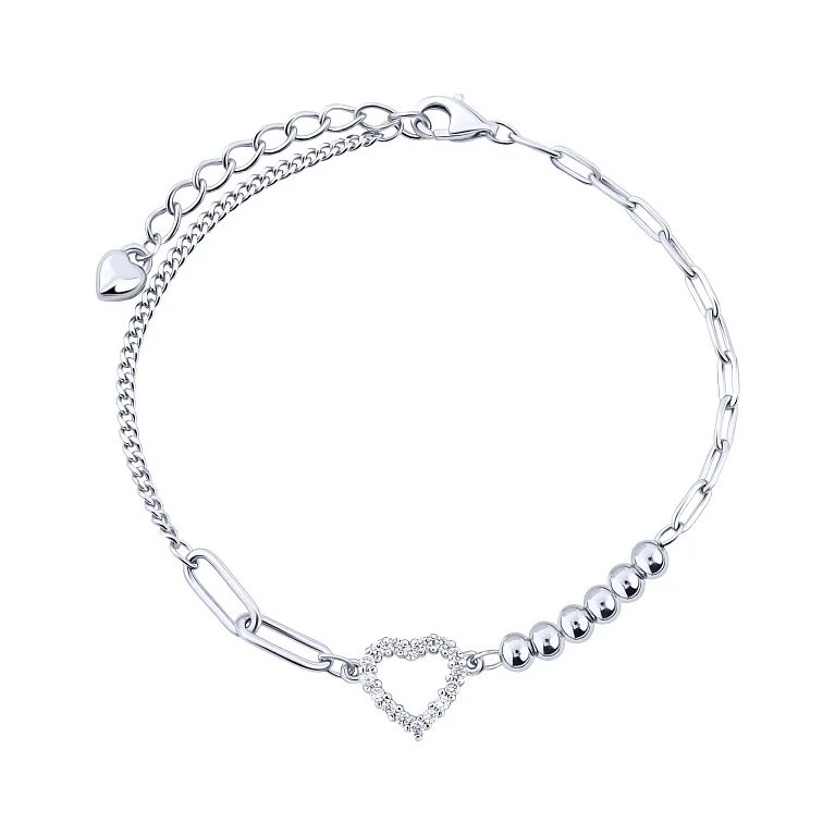 Серебряный браслет "Сердце" с фианитами в двойном плетении - 2162948