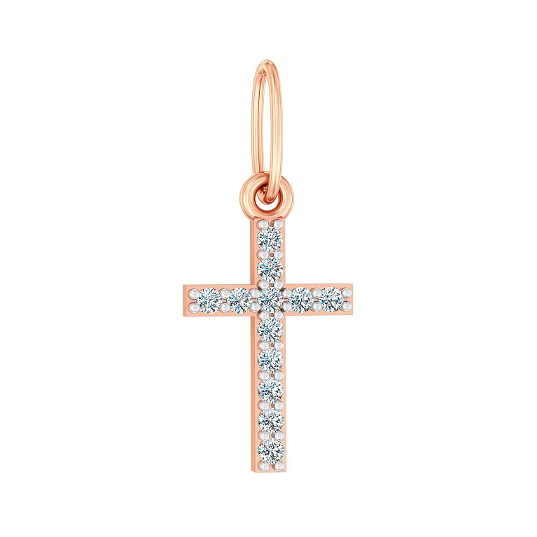 Хрестик декоративний із червоного золота з фіанітами - 2118657