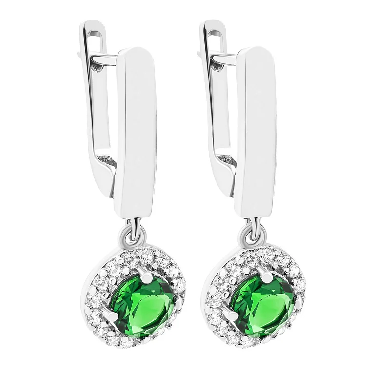 Серебряные серьги с подвесками изумрудом и фианитами - 1544809