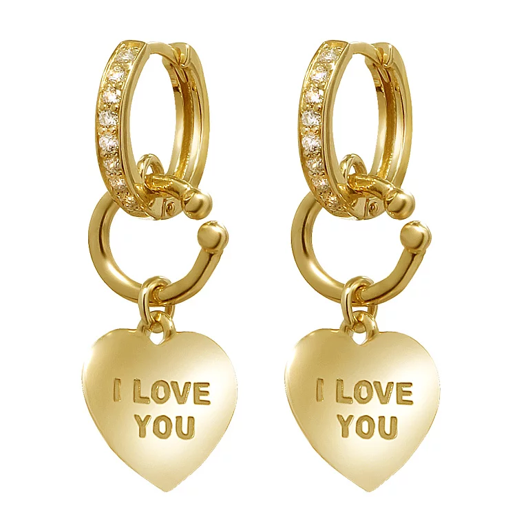 Сережки з лимонного золота з фіанітом і підвісками Серце "I Love You". Артикул СВ645Ли: ціна, відгуки, фото – купити в інтернет-магазині AURUM