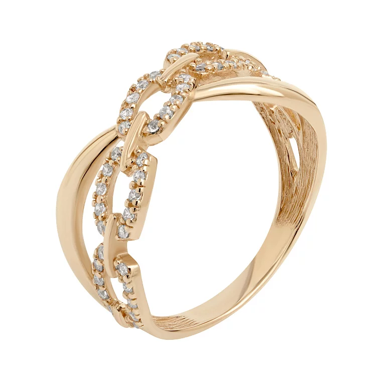 Двойное кольцо "Звенья" с фианитами из красного золота. Артикул 110227501: цена, отзывы, фото – купить в интернет-магазине AURUM