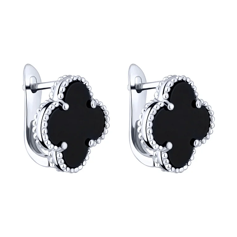 Серебряные серьги "Клевер" с ониксом - 2159645