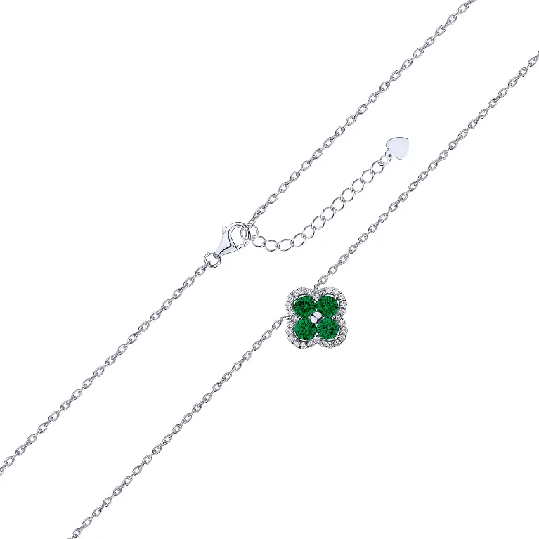 Колье с подвесом "Клевер" из серебра с фианитами якорное плетение - 2192900
