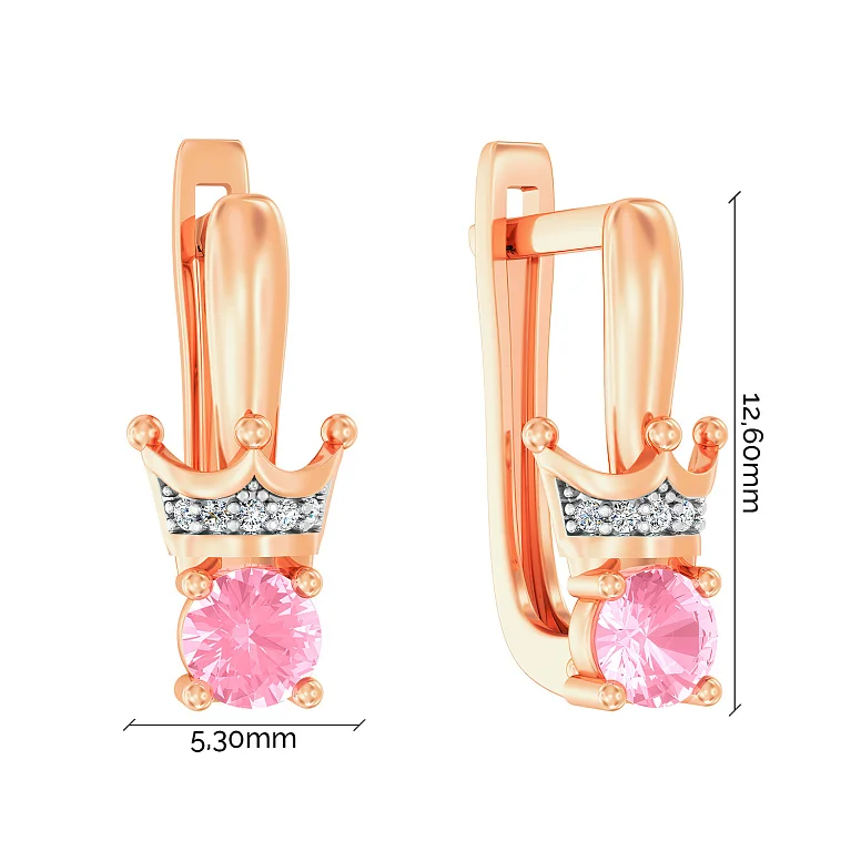 Сережки "Корона" у червоному золоті з рожевими і білими фіанітами - 2117862