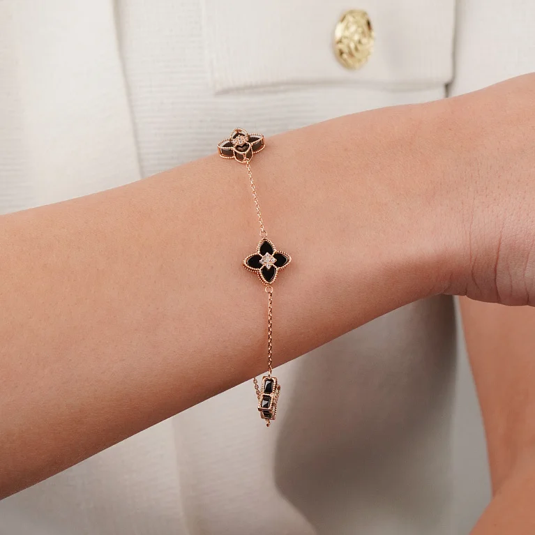 Браслет у червоному золоті "Квіти" з фіанітами плетіння якір - 2204706