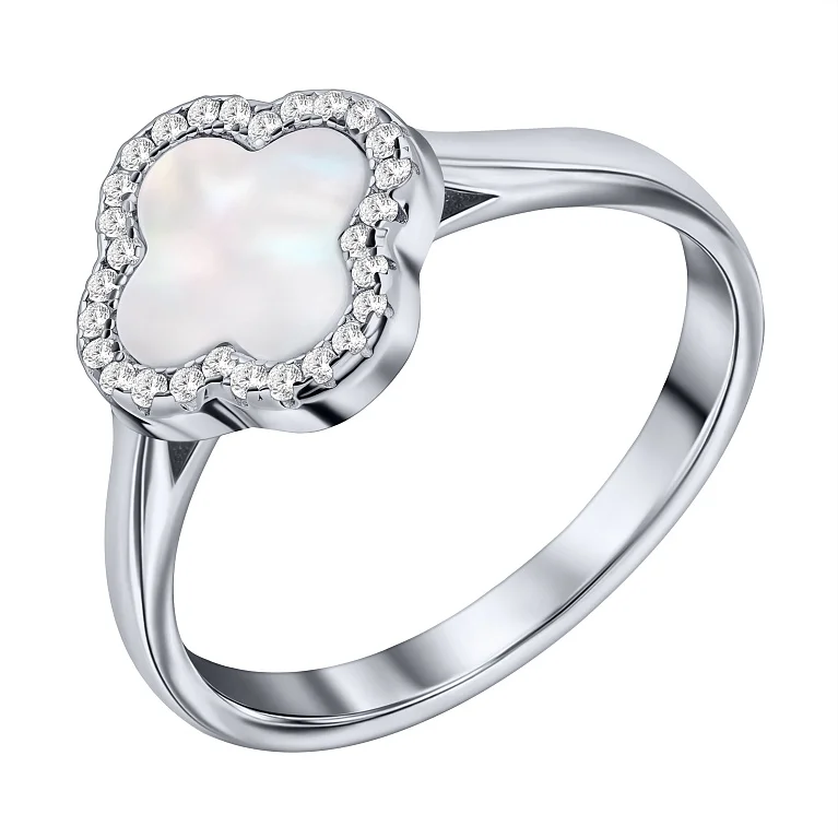 Кольцо "Клевер" из серебра с перламутром и фианитами - 2198966