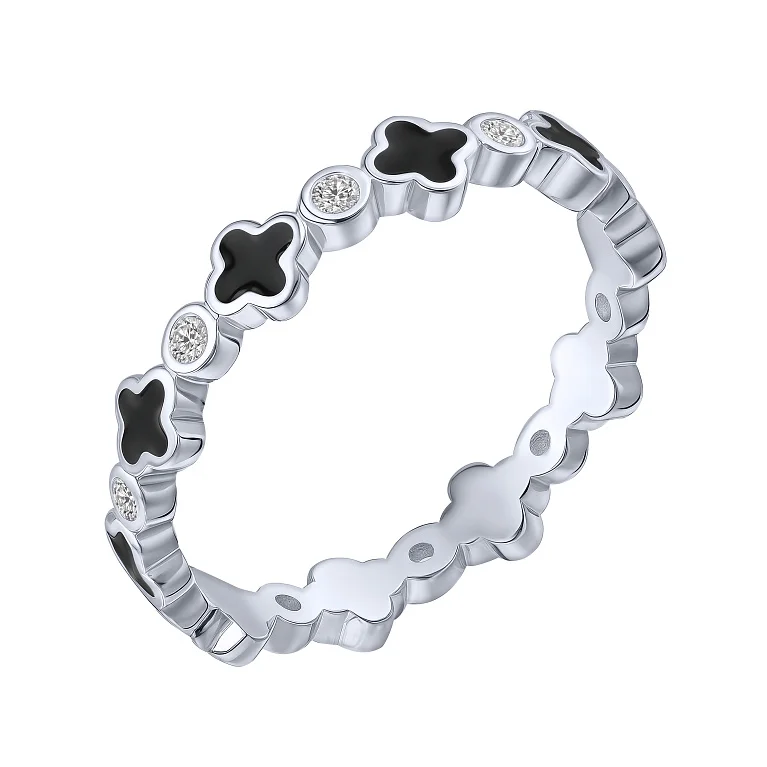 Серебряное кольцо "Клевер" с фианитами и эмаллю - 2187014