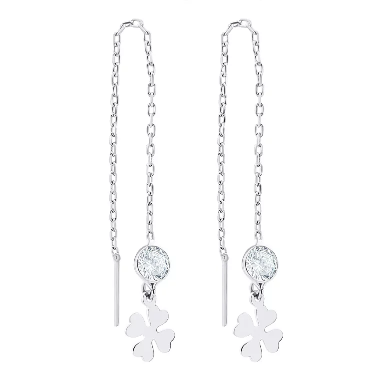 Срібні сережки-протяжки з підвісками Клевер та фіанітами. Артикул 7502/4674ЯЦ24: ціна, відгуки, фото – купити в інтернет-магазині AURUM