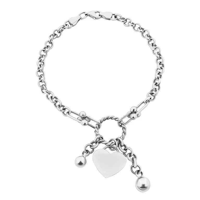 Браслет в белом золоте с подвеской "Сердечко" плетение якорное и шопард - 1653229