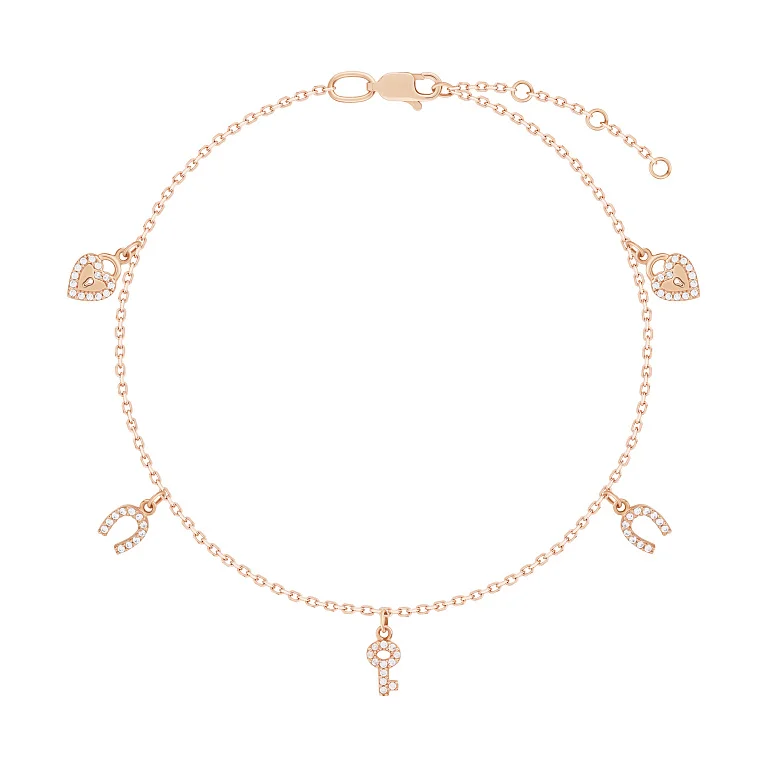 Браслет из красного золота с подвесками и фианитами плетение якорь - 1426129