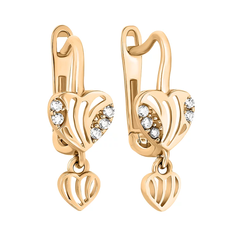 Золоті сережки з підвісами "Сердечка" та фіанітами. Артикул 107535: ціна, відгуки, фото – купити в інтернет-магазині AURUM