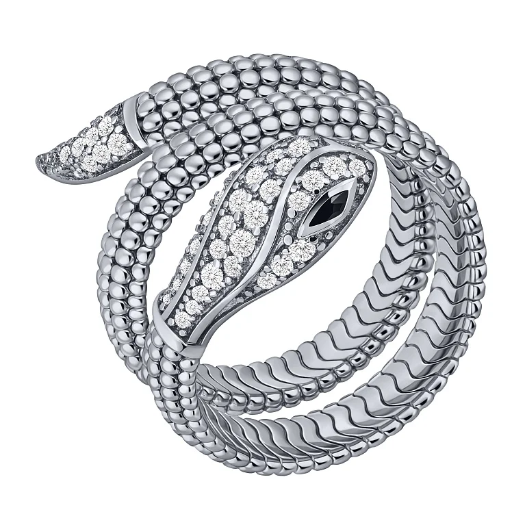 Незамкнутое кольцо "Змея" из серебра с эмалью и фианитами - 2222304