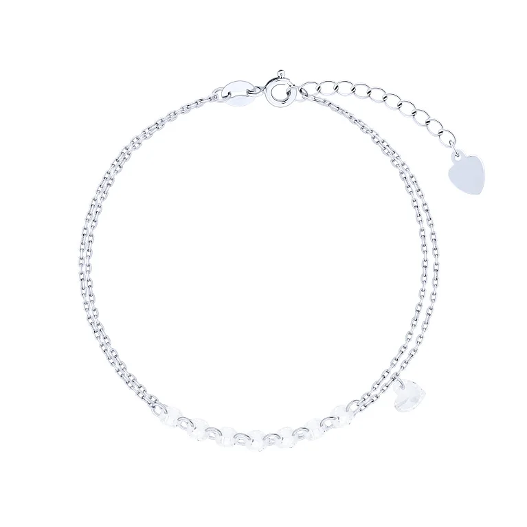 Подвійний срібний браслет з підвісом "Серце" та фіанітами плетіння якір - 2146918