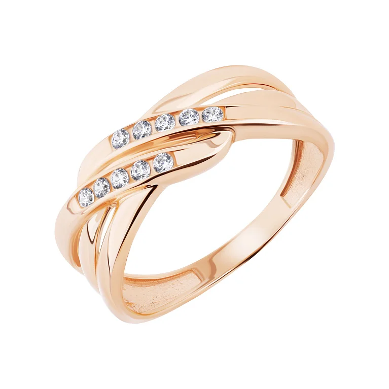 Кольцо из красного золота "Переплетение" с дорожками фианитов - 2147365