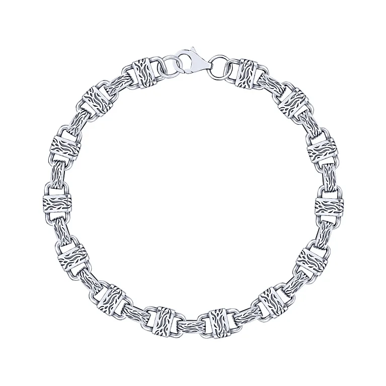 Масивний браслет зі срібла з орнаментом та чорнінням плетіння якір фантазійний - 2193418